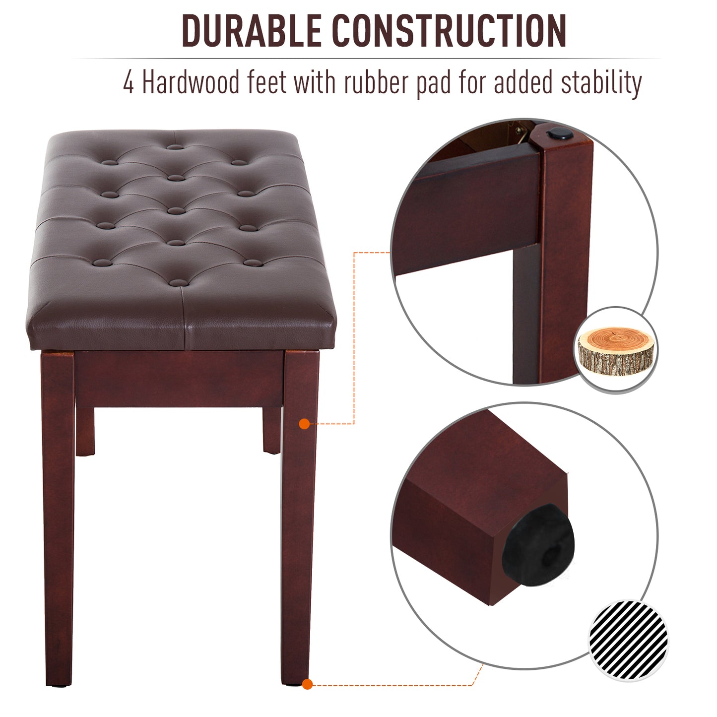 Faux Leather Padded Double / Duet Piano Bench w/ Music Storage - Brown