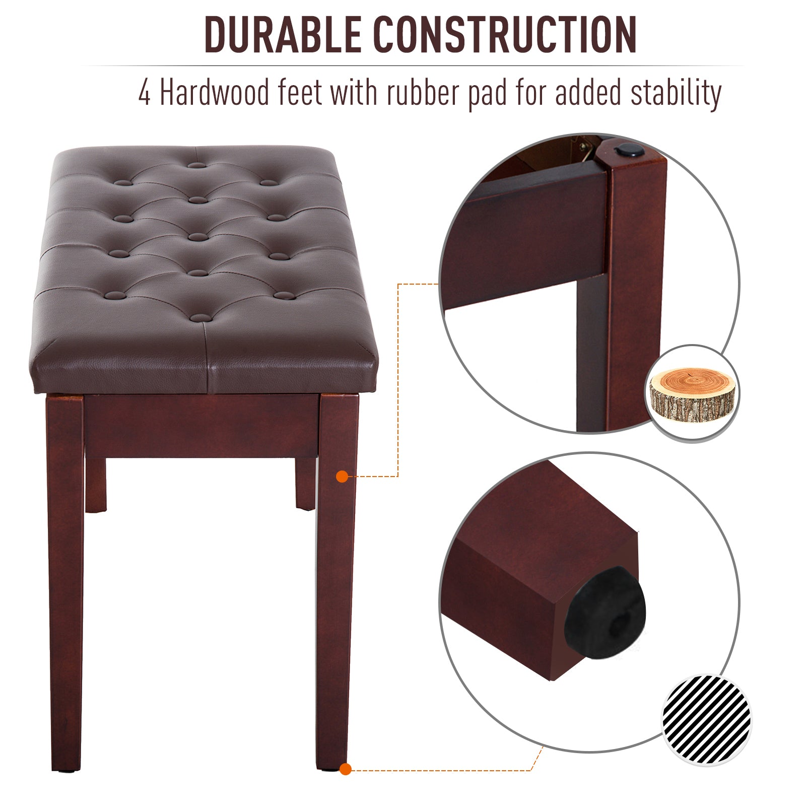 Faux Leather Padded Double / Duet Piano Bench w/ Music Storage - Brown