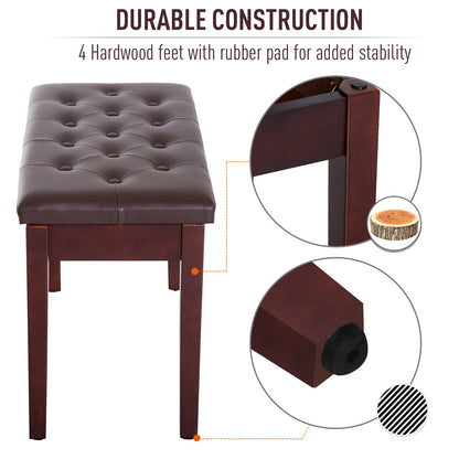 Faux Leather Padded Double / Duet Piano Bench w/ Music Storage - Brown