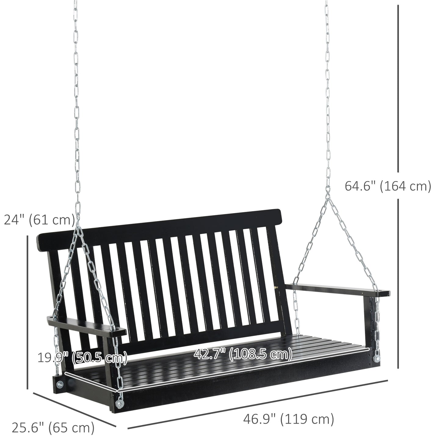 2-Seater Patio Swing Chair, Fir Wooden Porch Swing with Slatted Design, Hanging Chains for Outdoor, Garden, Black