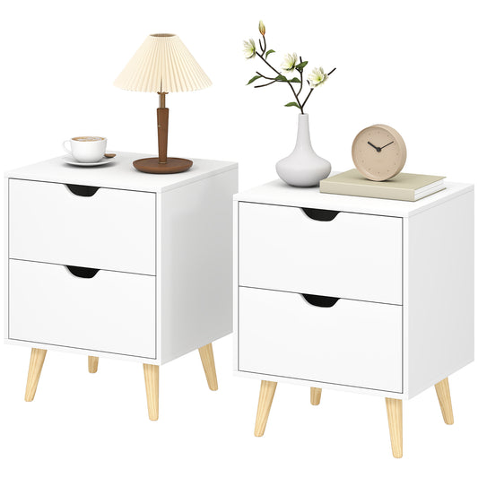 Modern Bedside Table Set of 2, Nightstand with 2 Drawers and Pine Wood Legs for Bedroom, White