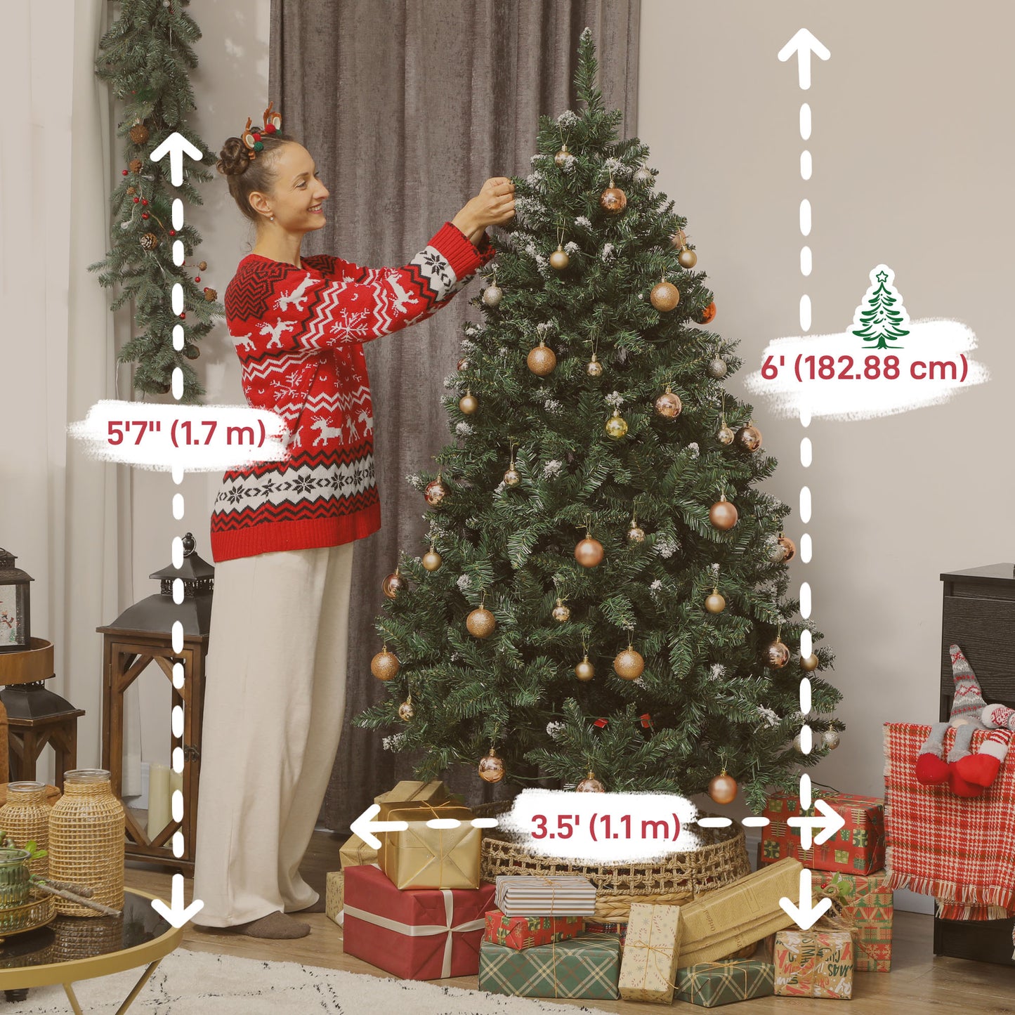 6 ft Frosted Prelit Christmas Tree, Full Spruce Xmas Tree with Dual Colour LED Light, Hinged Xmas Tree, Easy Assembly
