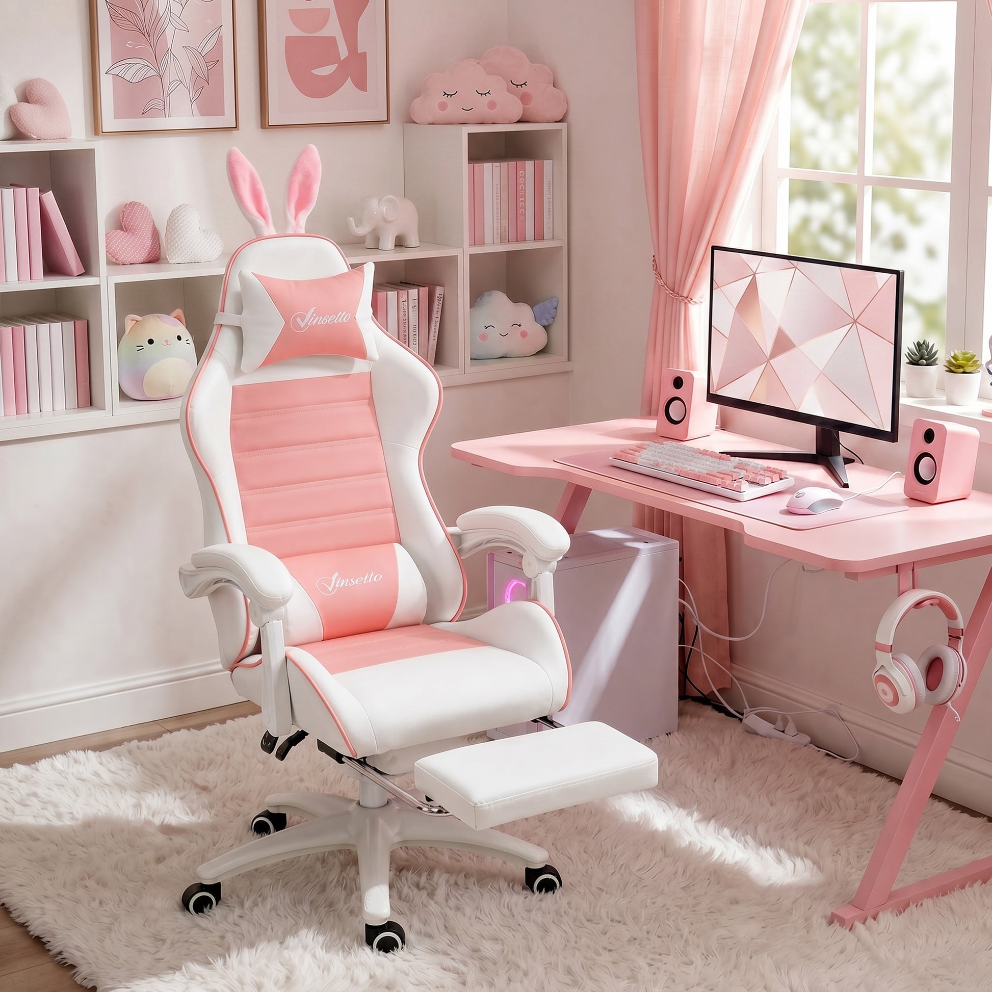 Cute Racing Gamer Chair, PU Leather Gaming Chair with Footrest, Headrest and Lumbar Support, Pink
