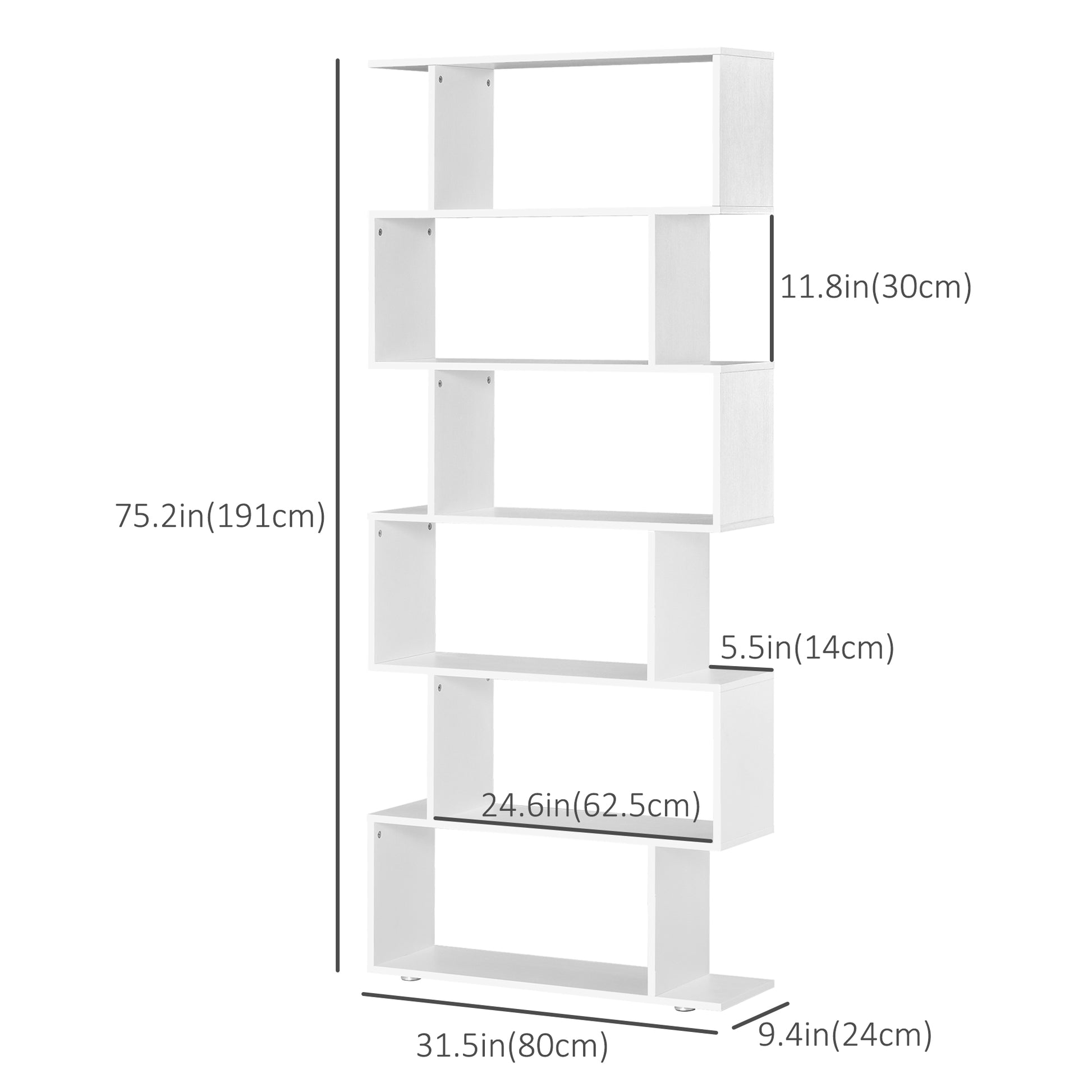 76" 6-Tier Geometric Wooden Bookcase S Shaped Storage Display Bookshelf Modern shelf Open Concept Living Room Home Offic