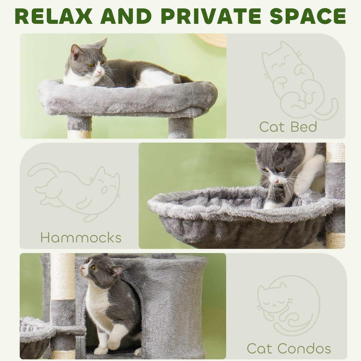 52.5" Cat Tree Tower with Scratching Posts, Cat Condos, Bed, Platforms, Hammocks, for Indoor Cats, Grey