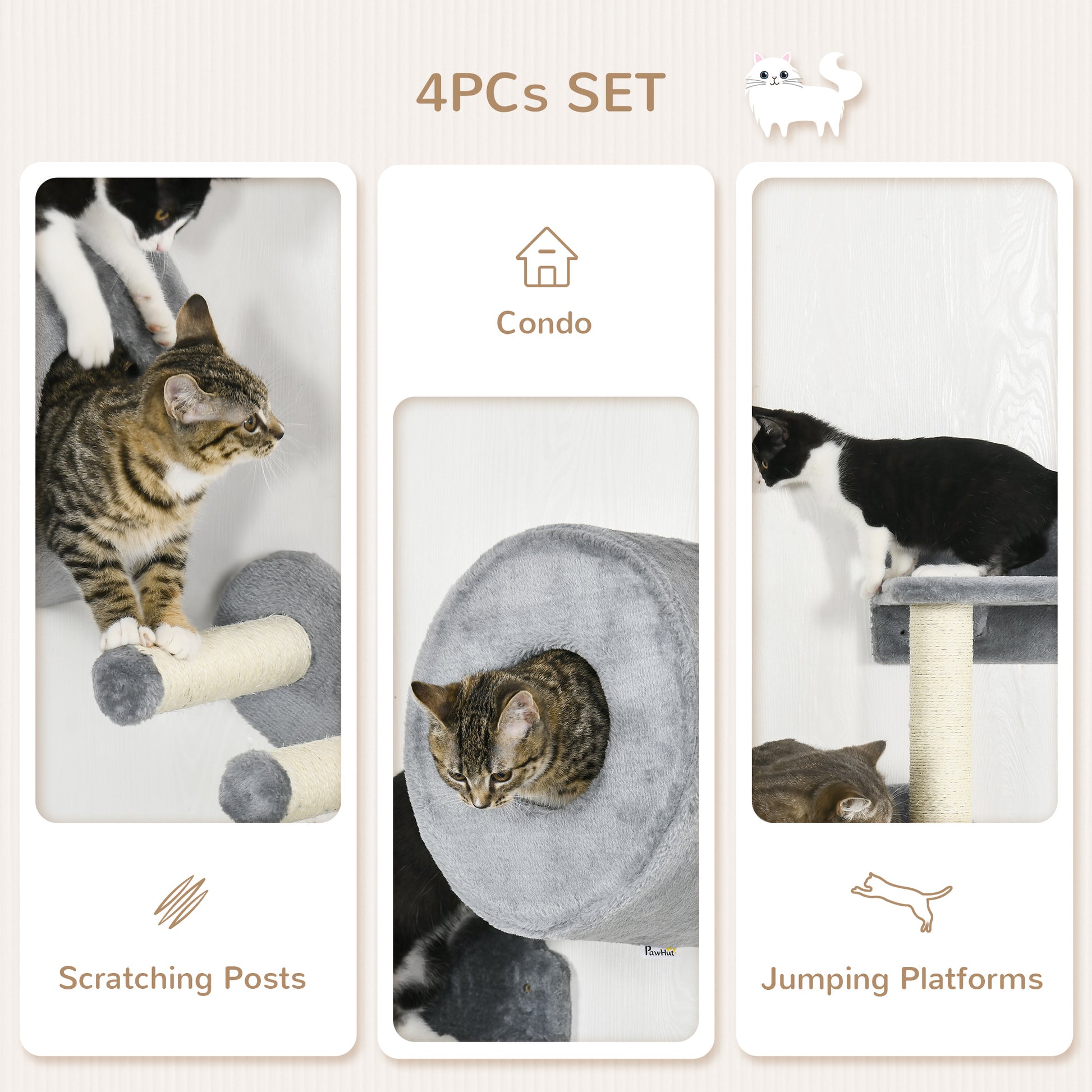 4 PCs 9.3" H Cat Wall Shelves, Pet Wall-mounted Climbing Shelf Set, Kitten Activity Centre with Condo, Cushion, Scratchi