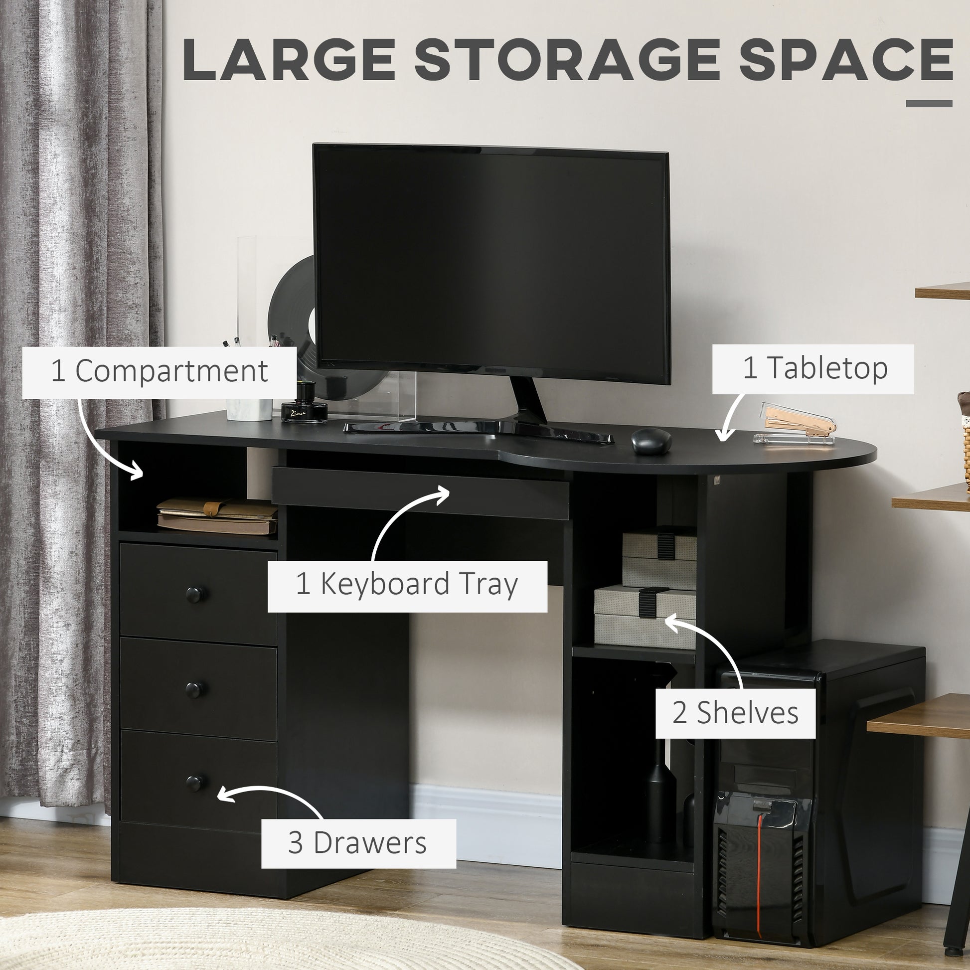 Computer Desk with Storage, Home Office Laptop Table with Shelves and Drawers, Modern Workstation Desk with Keyboard Tra