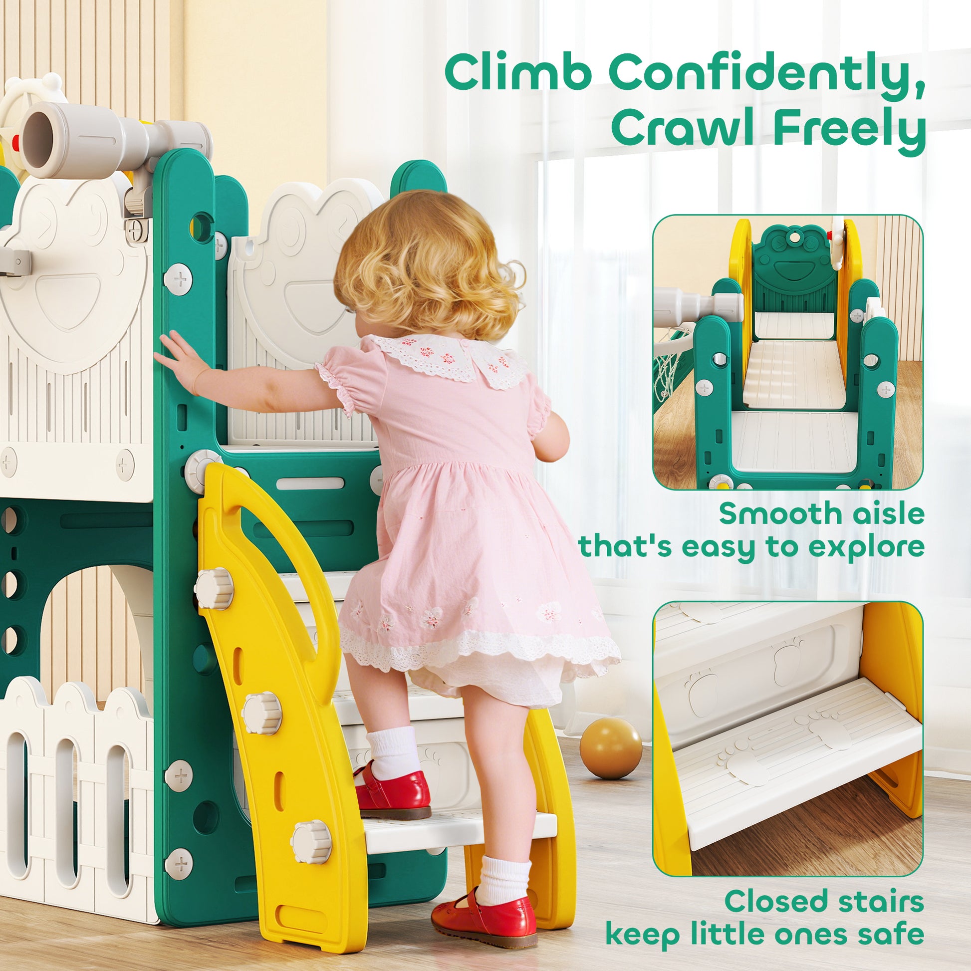 Qaba 7 in 1 Toddler Slide with Basketball Hoop, Climbing Frame, Telescope, Drawing Board, Storage Box for Ages 1-3, Yell