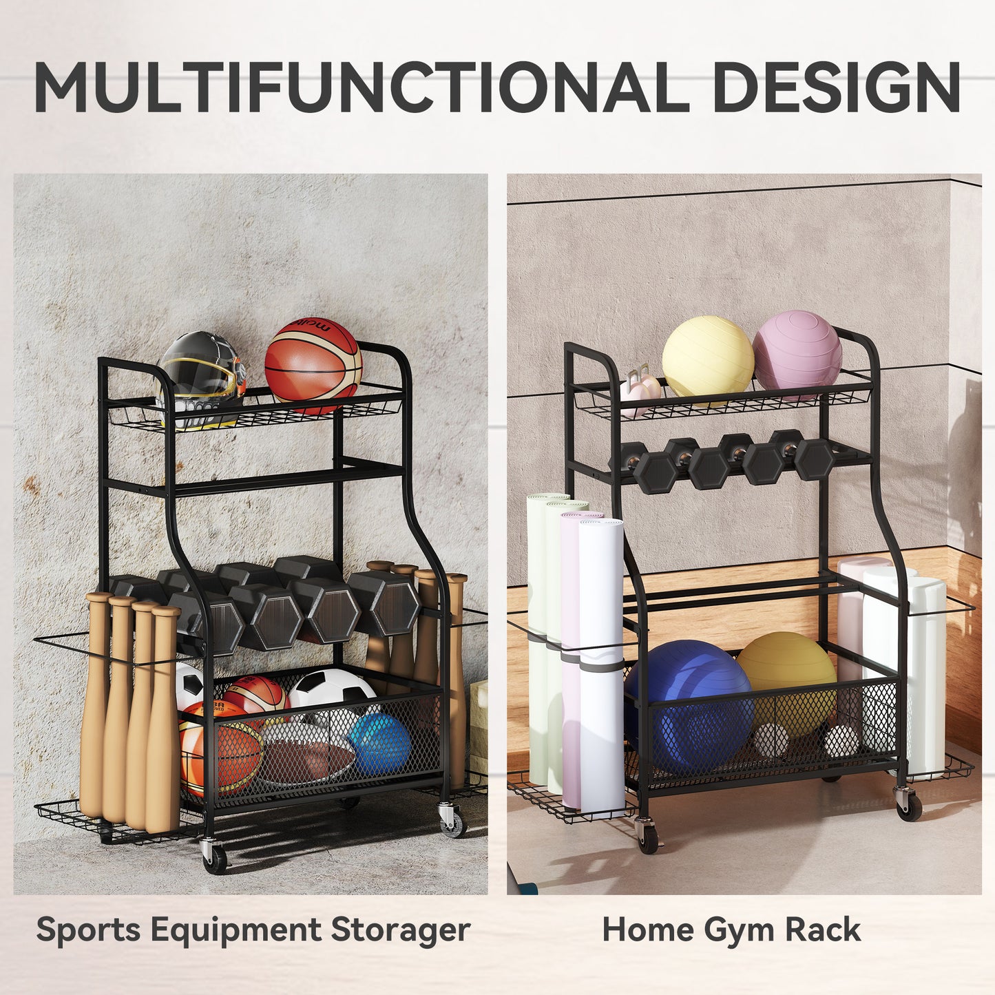 Soozier Garage Sports Equipment Organizer, Rolling Home Gym Storage Rack with Wheels, Dumbbell Rack and Ball Storage Hol