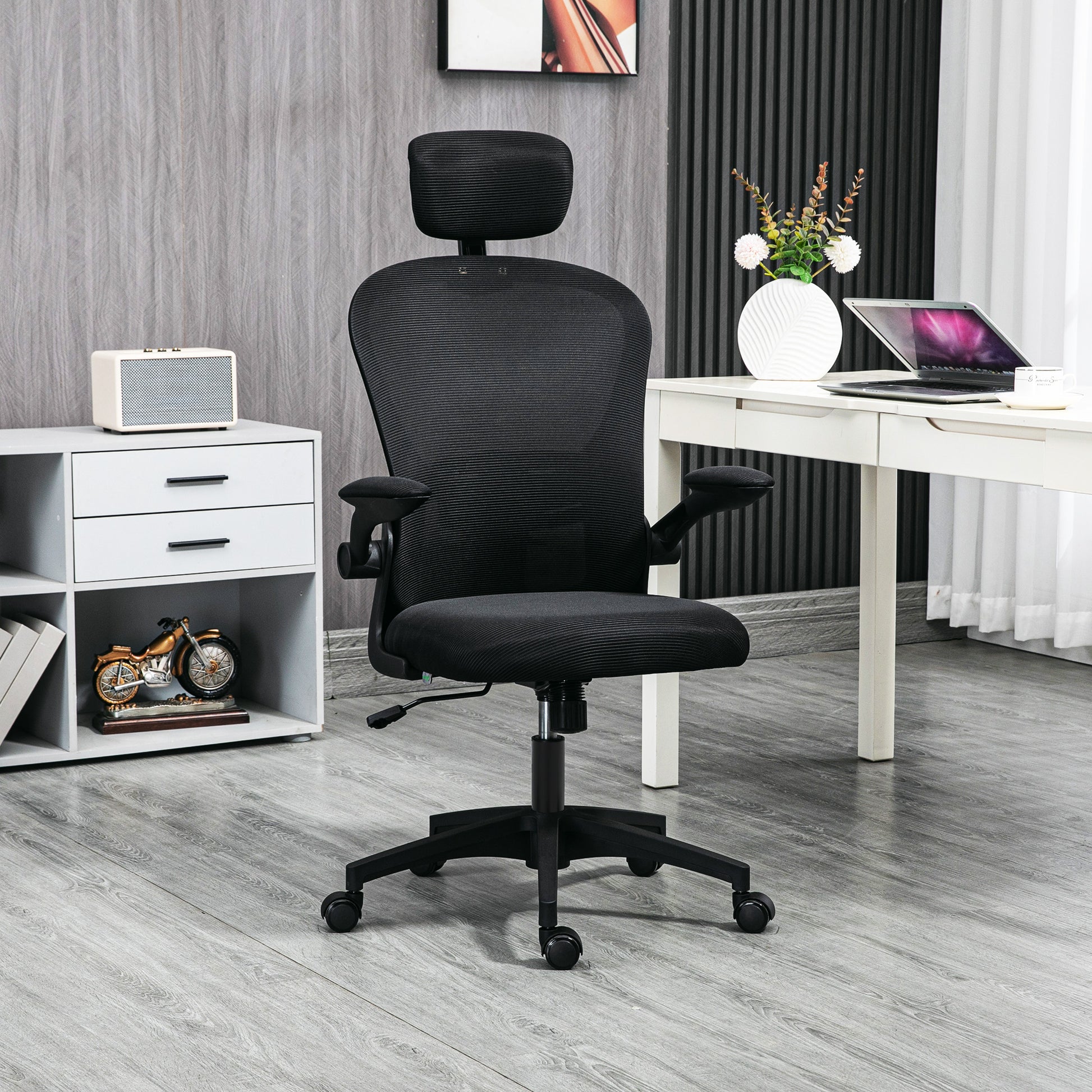 Office Chair, Mesh Computer Desk Chair with Adjustable Headrest, 4D Lumbar Support, Flip-up Arm, Black