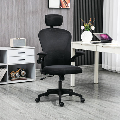 Office Chair, Mesh Computer Desk Chair with Adjustable Headrest, 4D Lumbar Support, Flip-up Arm, Black