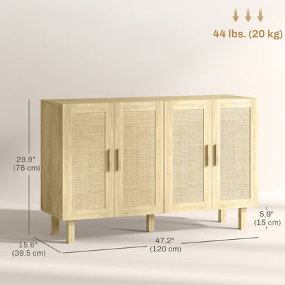Boho Sideboard Buffet Cabinet, Storage Cabinet with 4 Rattan Doors and Adjustable Shelves, Natural