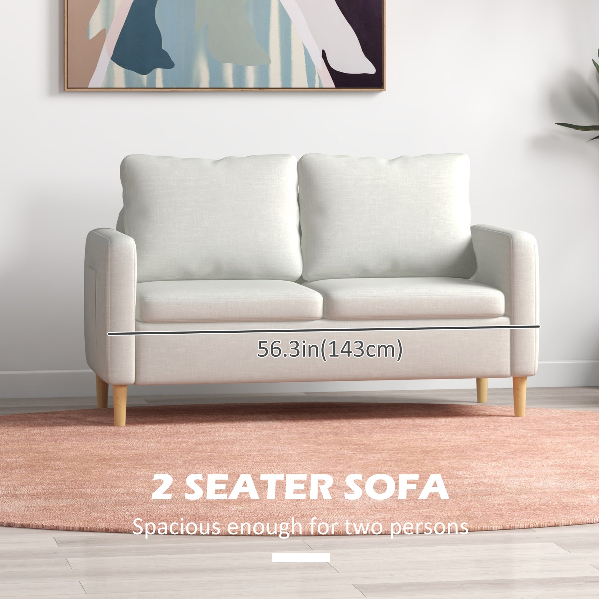 56" 2 Seat Sofa, Modern Love Seats Furniture, Upholstered 2 Seater Couch with Side Pockets, Solid Wood Frame, White