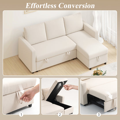 83" Sofa Bed, Pull Out Sleeper L Shaped Sectional Couch with Reversible Storage Chaise, Wide and Deep Seat, Cream White
