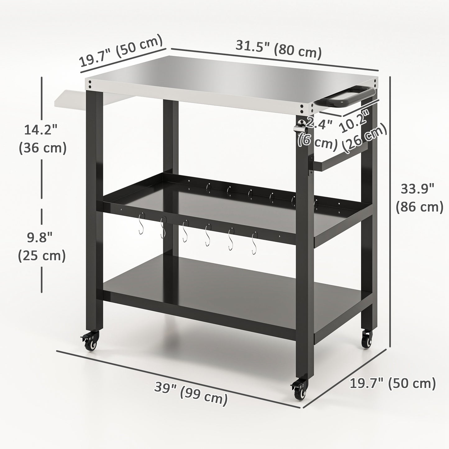 Outdoor Kitchen Bar Cart BBQ Table with Wheels, Stainless Steel Pizza Oven Stand, Movable Prep Table with Hooks