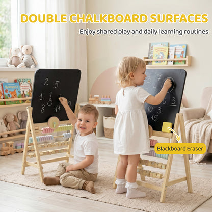 Qaba Wooden Kids Art Easel with Double-Sided Chalkboard, Clock, Abacus, Blackboard Eraser for Painting, for Ages 2+, Nat