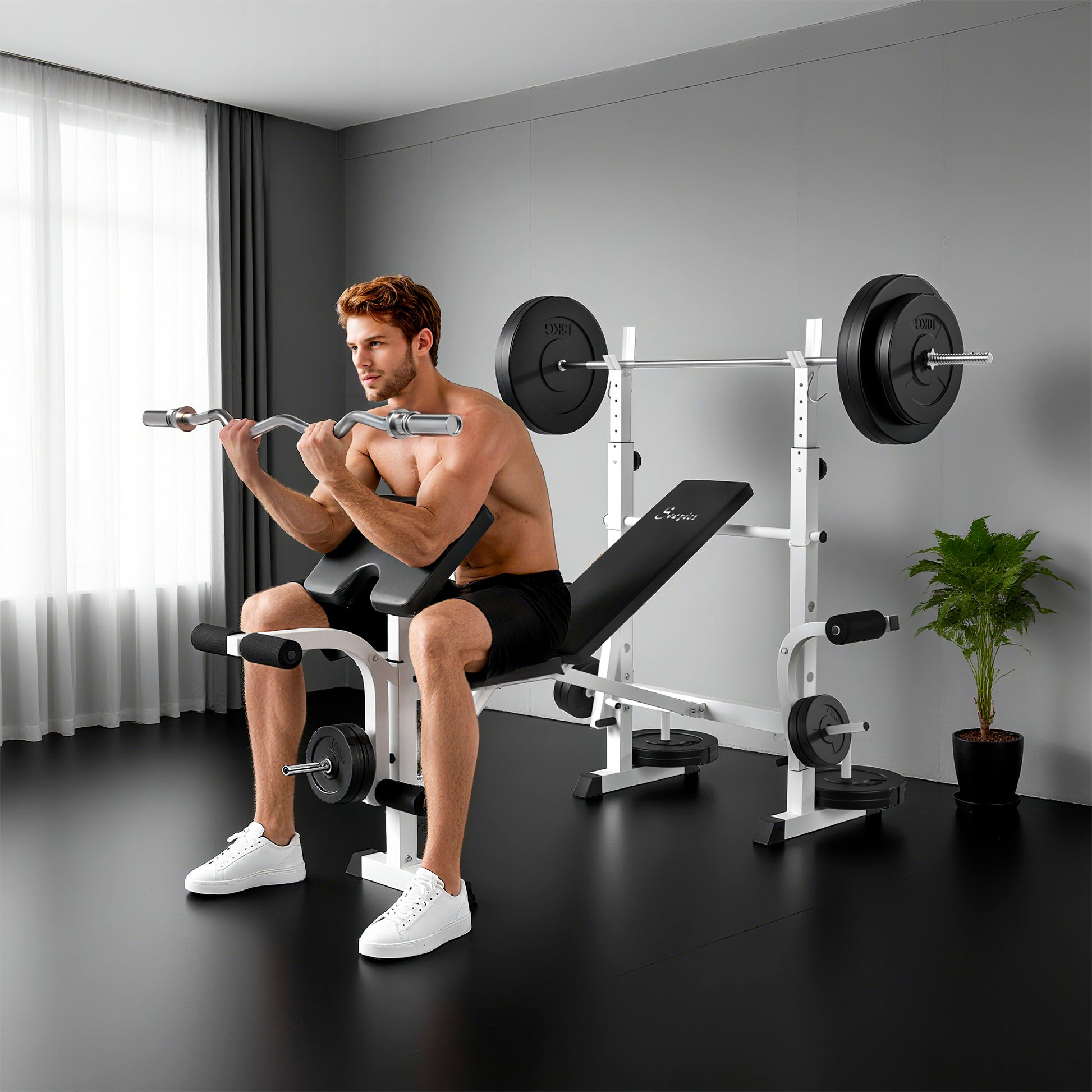 Soozier Bench Press Set Adjustable Weight Bench with Squat Rack, Preacher Curl Pad, Leg Developer and Weight Storage, Wh