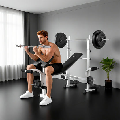 Soozier Bench Press Set Adjustable Weight Bench with Squat Rack, Preacher Curl Pad, Leg Developer and Weight Storage, Wh