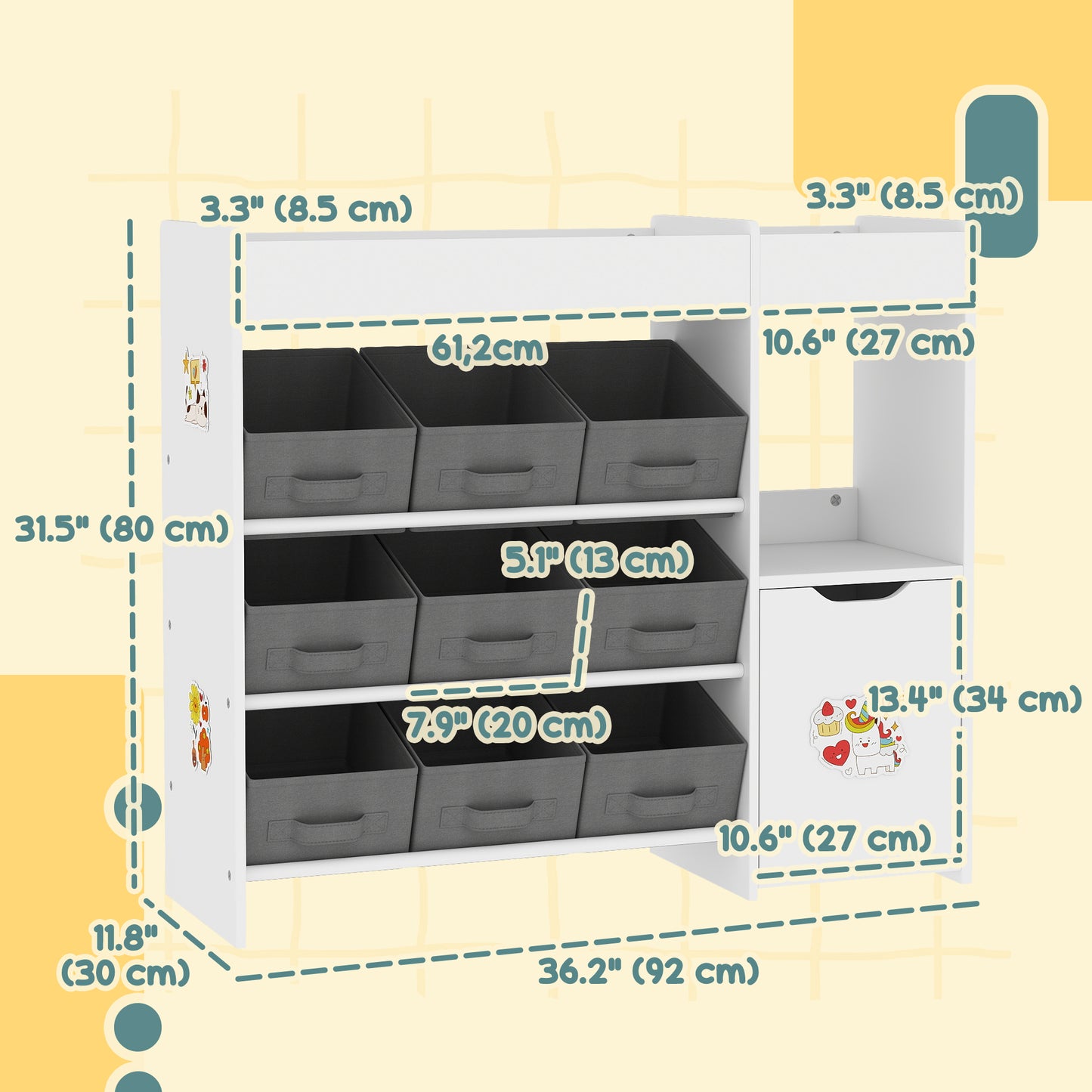 Qaba Toy Storage Organizer with 9 Non-Woven Fabric Boxes, Storage Cabinet & Shelves, for Kids Room, Nursery, Playroom Wh