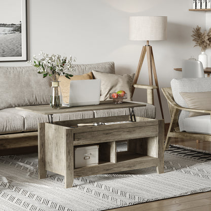 Lift Top Coffee Table with Hidden Storage Compartment and Open Shelves, Lift Tabletop Pop-Up Center Table for Living Roo