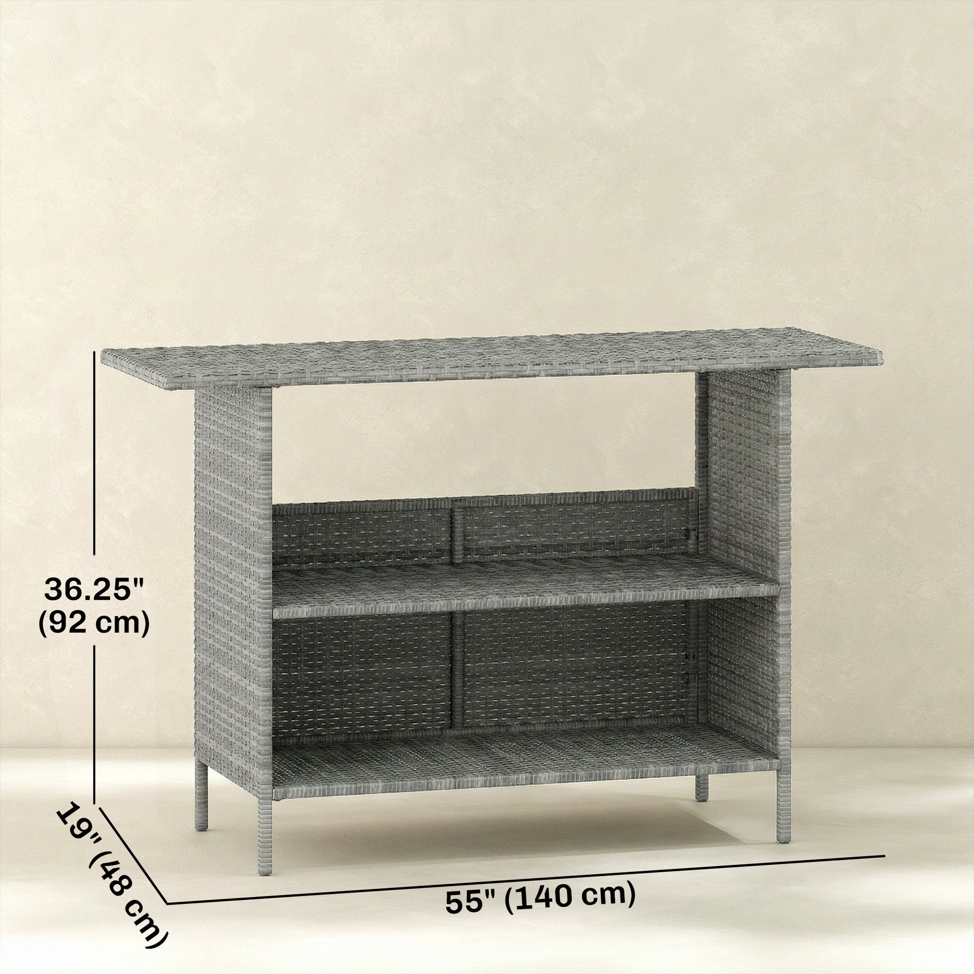 Wicker Outdoor Bar Table, PE Rattan Bar Height Patio Table with 2 Shelves, Steel Frame for Garden, Backyard, Dark Grey