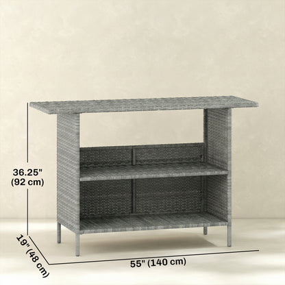 Wicker Outdoor Bar Table, PE Rattan Bar Height Patio Table with 2 Shelves, Steel Frame for Garden, Backyard, Dark Grey