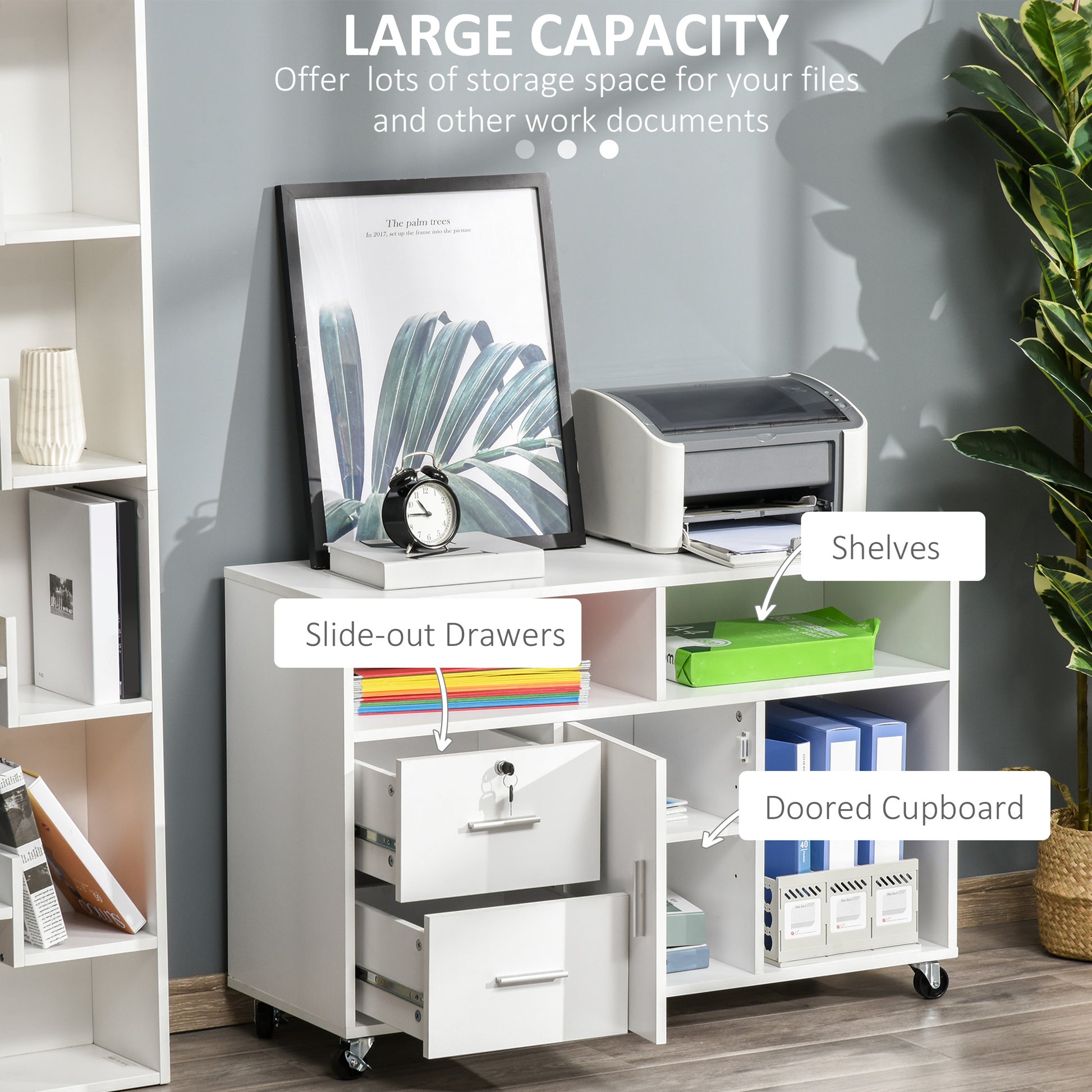 Lateral Filing Cabinet with Open Storage Shelf, Printer Stand Home Office Mobile File Cabinet with Wheels, Lockable Draw
