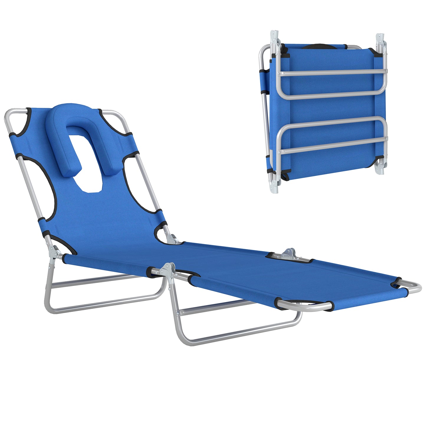 Folding Lounge Chair Outdoor, Tanning Chair with Face Hole Arm Slots, Beach Chaise Lounger with Pillow, 5-Position Adjus