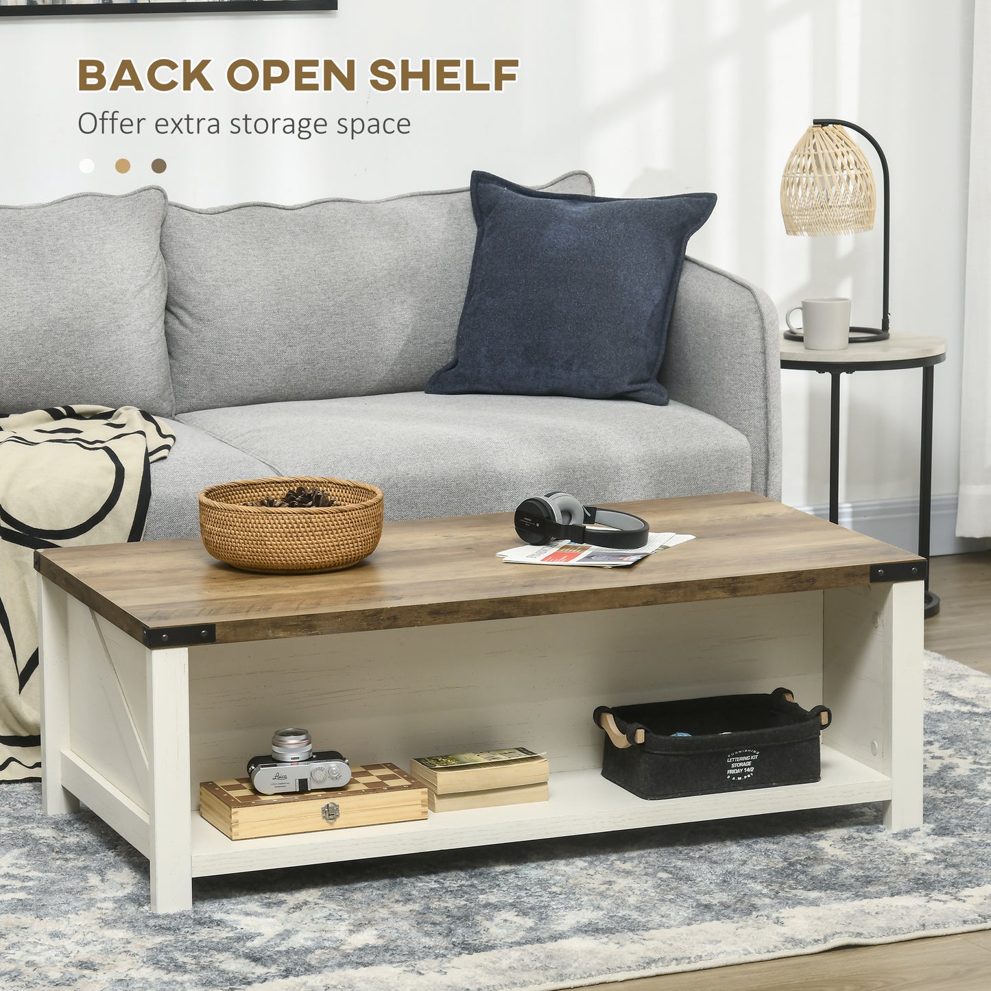 Industrial Coffee Table Side End Table with Drawer, Open Storage Shelf, Modern Farmhouse Furniture, for Living Room, Din
