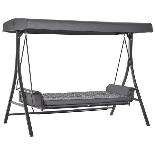 3 Person Porch Swing Bench with Adjustable Canopy, Cushions, Pillows for Porch and Backyard, Dark Grey