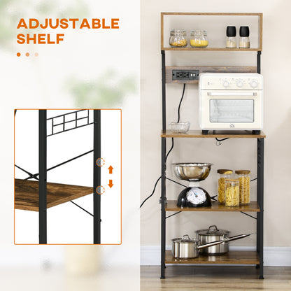 Baker's Rack with Charing Station, Microwave Shelf with Power Outlet, USB Charger and 5 Hooks, Rustic Brown