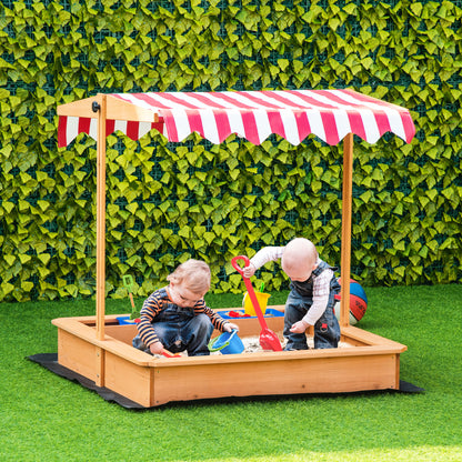 Kids Wooden Sandbox, Children Play Sand Station Outdoor with Adjustable Height Cover Lid, Bottom Liner, Seat, Plastic Ba