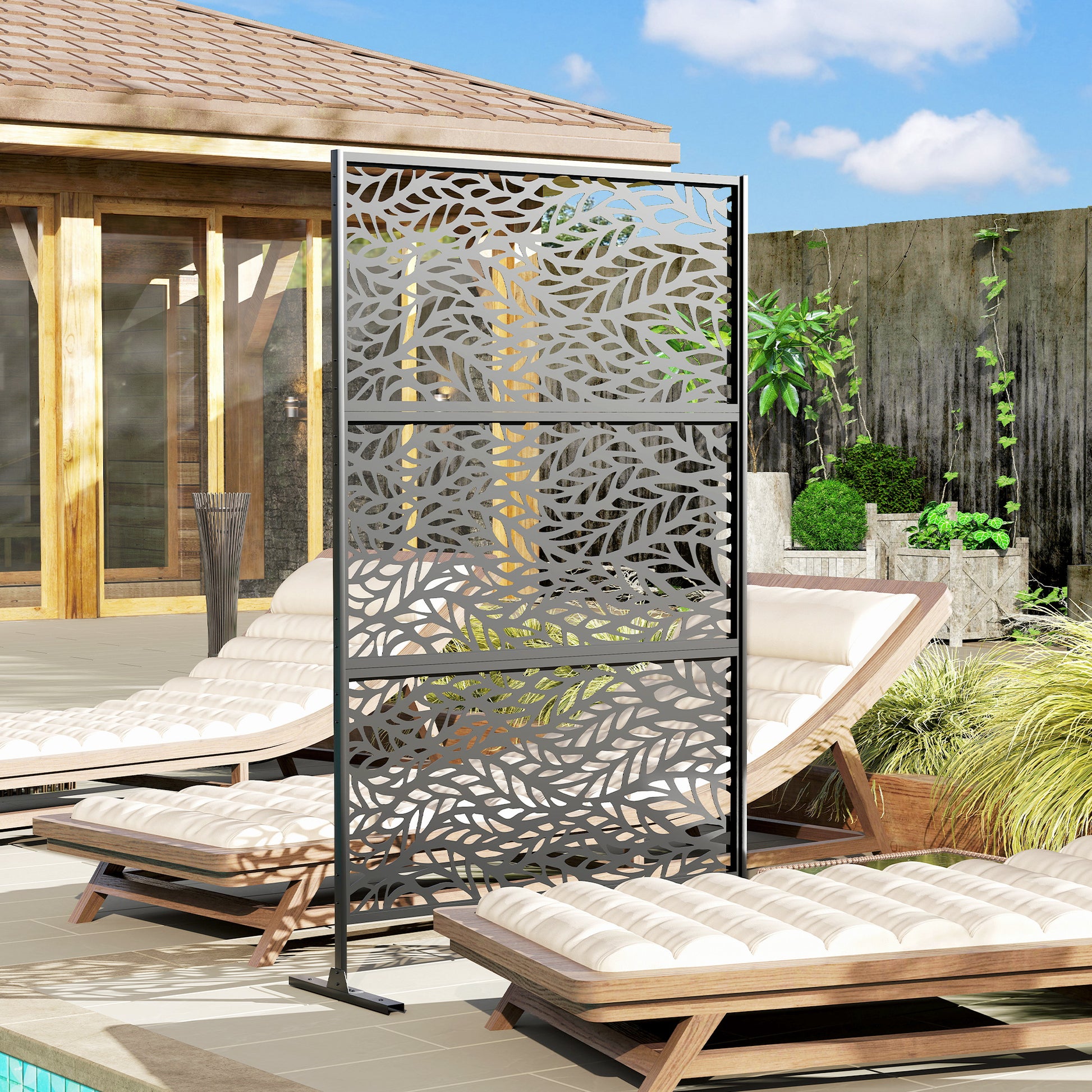 Metal Outdoor Privacy Screen, Freestanding Outdoor Divider with Stand, 78" x 48", Black