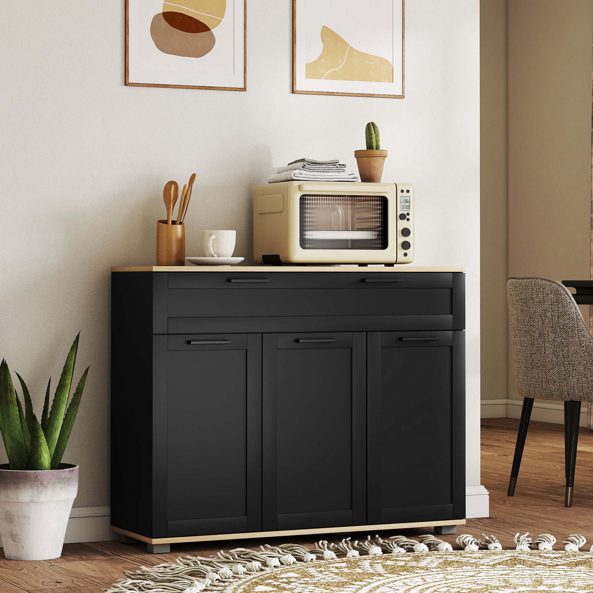 Sideboard Buffet Cabinet, Modern 40" Coffee Bar Cabinet with Wide Drawer, 3 Doors and 2 Adjustable Shelves, Black