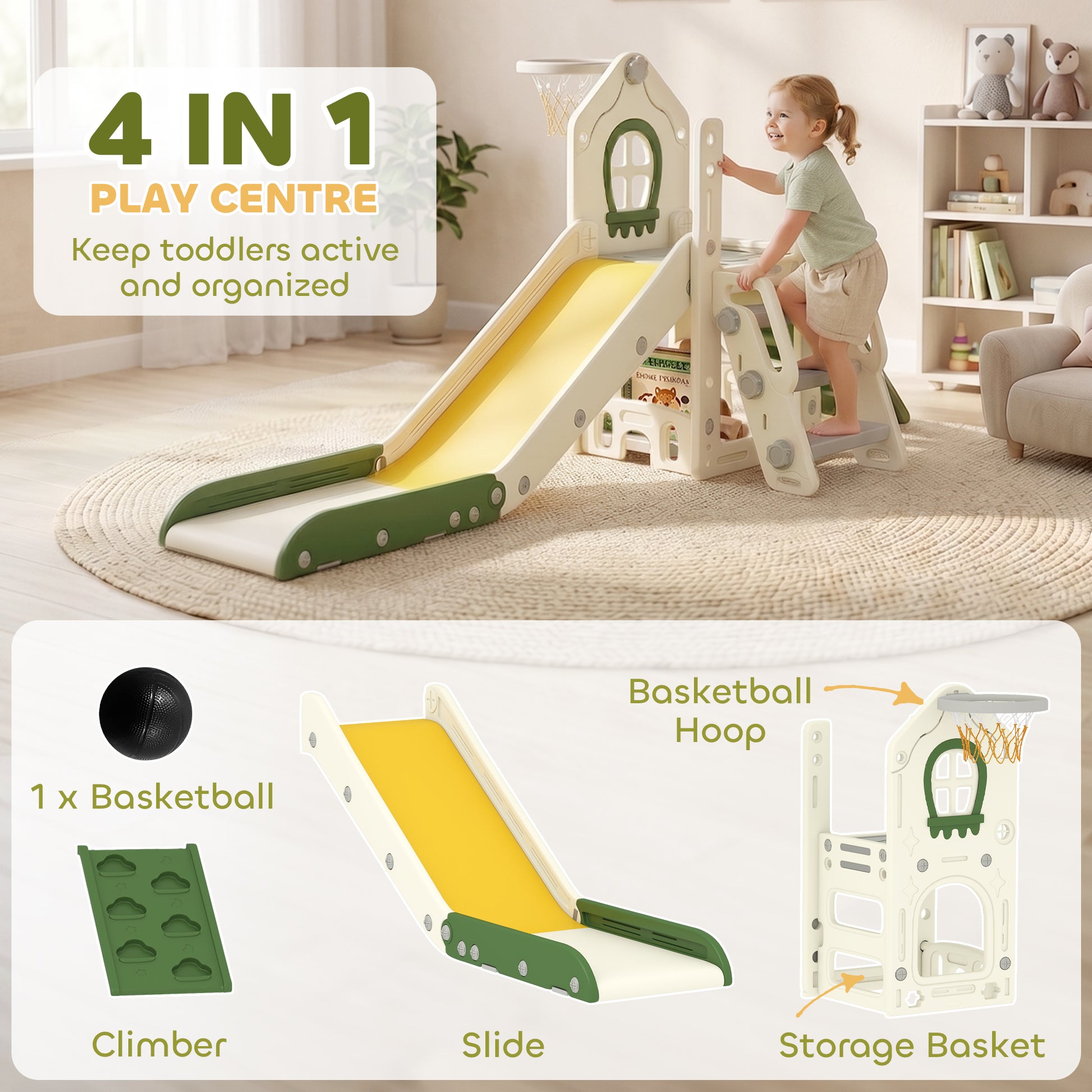 Qaba Foldable 5 in 1 Toddler Slide with Ladder, Climbing Wall, Basketball Hoop, Storage and Basketball for 1-3 Years, Cr