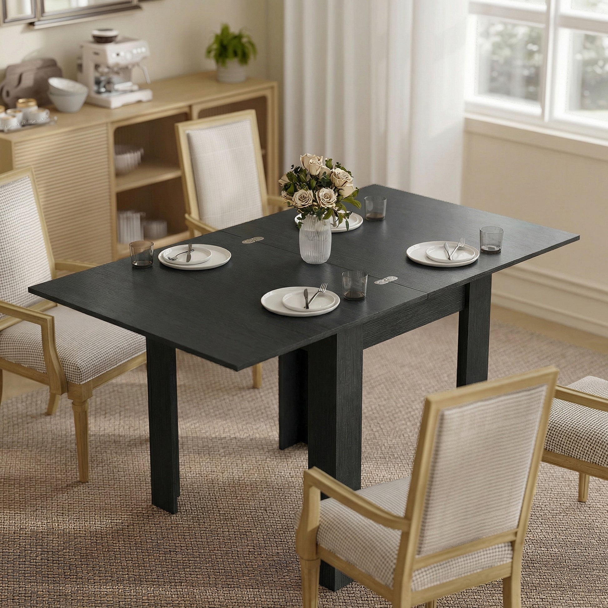 55" Extendable Dining Table for 4-6, Kitchen Table with Steel Slides and Felt Pads for Small Spaces, Black
