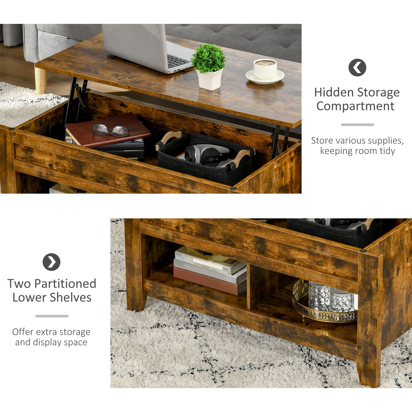 Lift Top Coffee Table with Hidden Storage Compartment and Open Shelves, Lift Tabletop Pop-Up Center Table for Living Roo