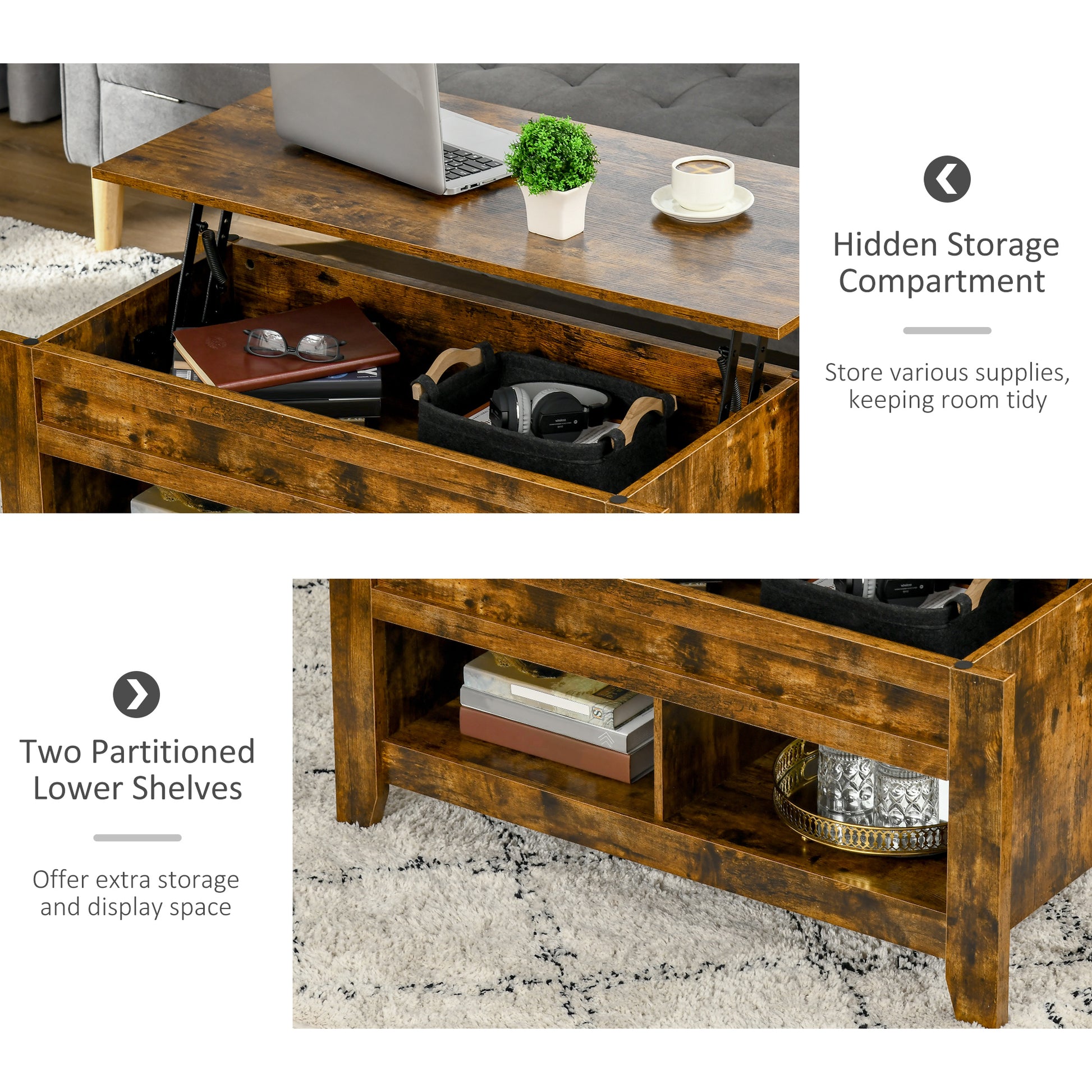 Lift Top Coffee Table with Hidden Storage Compartment and Open Shelves, Lift Tabletop Pop-Up Center Table for Living Roo