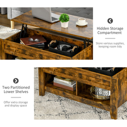 Lift Top Coffee Table with Hidden Storage Compartment and Open Shelves, Lift Tabletop Pop-Up Center Table for Living Roo
