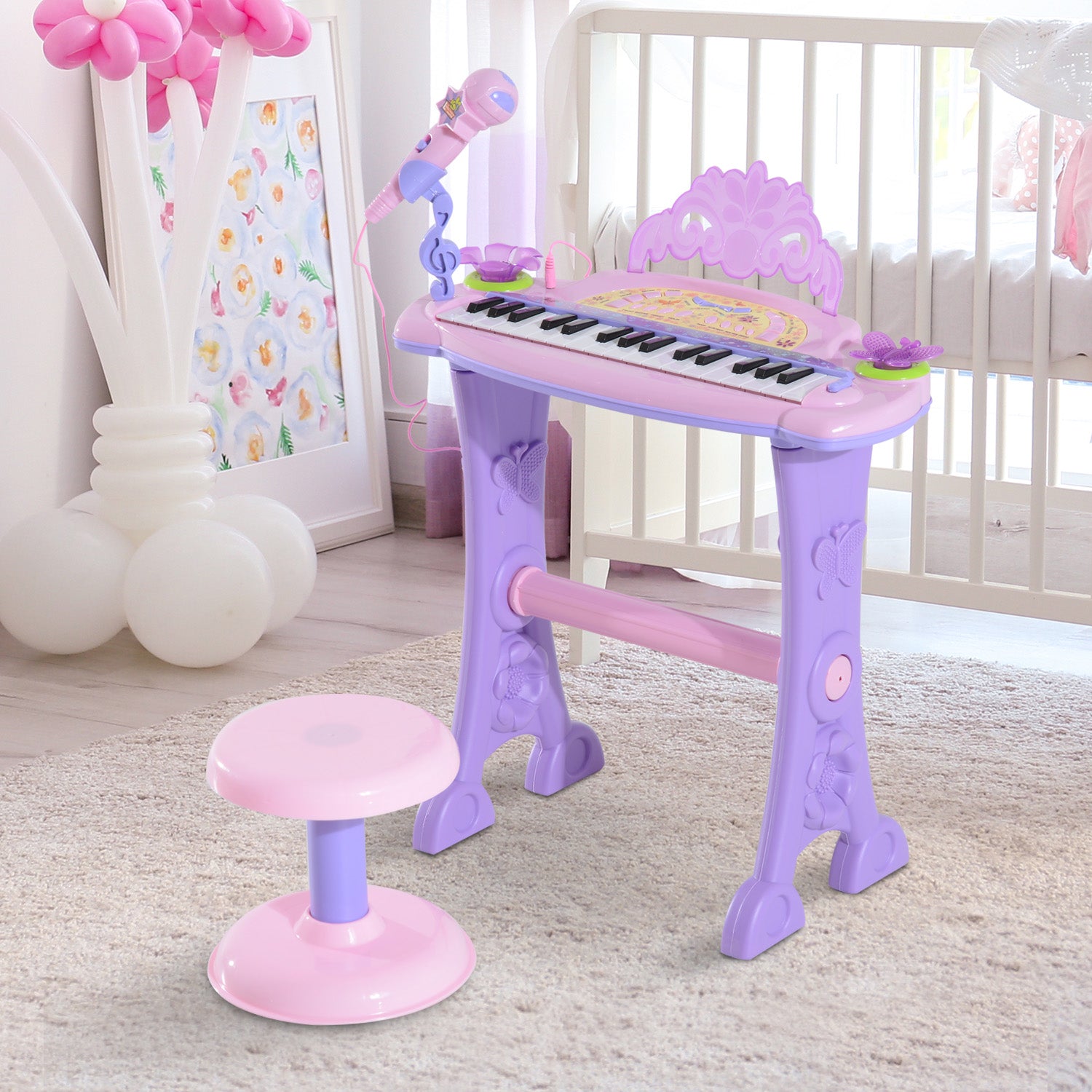 Qaba Kids Piano Electronic Keyboard Instrument with Microphone and Stool 32 Keys Musical Toy Organ Educational Gift for 
