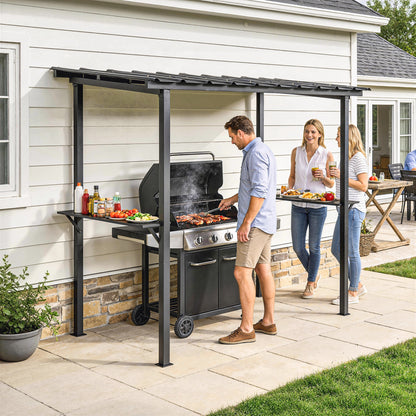 9' x 6' Hardtop Grill Gazebo, BBQ Gazebo with 2 Side Shelves and Galvanized Metal Slope Roof, Black