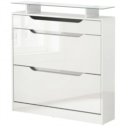 High Gloss Shoe Cabinet with 2 Flip Drawers and Adjustable Shelves, Narrow Shoe Storage Cabinet with Glass Top, White