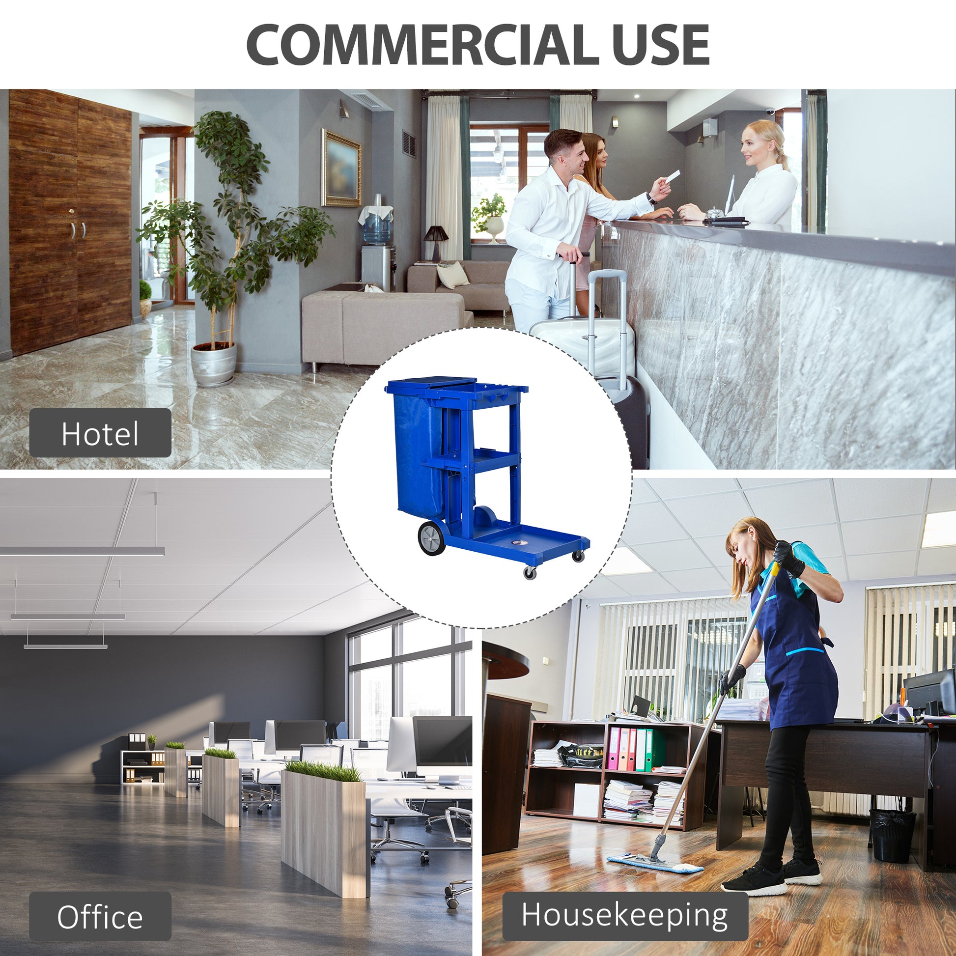 Commercial Janitorial Cart with 3 Tier Shelves, Professional Cleaning Cart with Rubbish Bag with Lid and Mop Mount for H