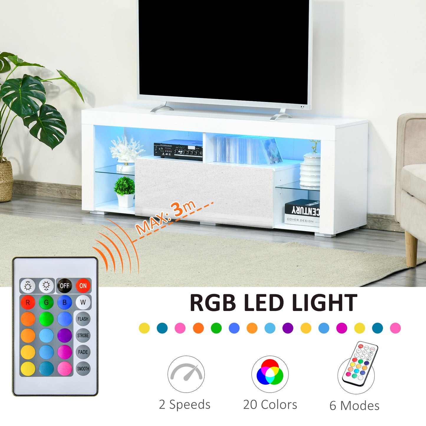 TV Stand for 55-Inch TVs, High Gloss TV Bench with LED Lights, Remote Control, Storage Drawer and Shelves, Entertainment