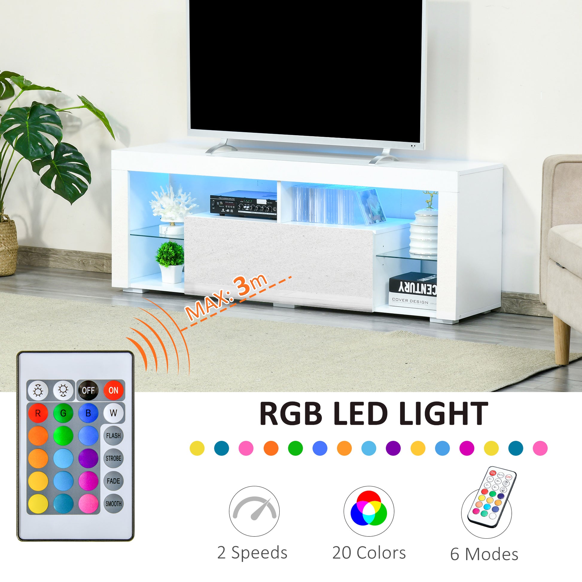 TV Stand for 55-Inch TVs, High Gloss TV Bench with LED Lights, Remote Control, Storage Drawer and Shelves, Entertainment