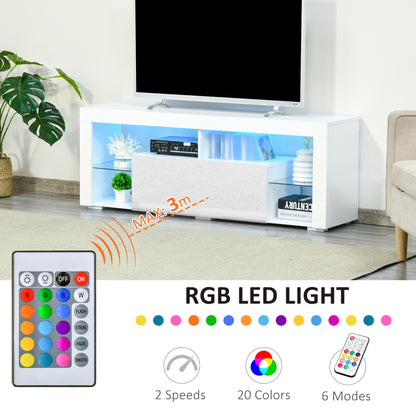 TV Stand for 55-Inch TVs, High Gloss TV Bench with LED Lights, Remote Control, Storage Drawer and Shelves, Entertainment
