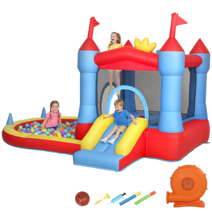 Qaba Bouncy Castle for Kids, Inflatable Bounce House with Slide, Pool/Ball Pit, Basketball Hoop and Blower for Indoor Ou