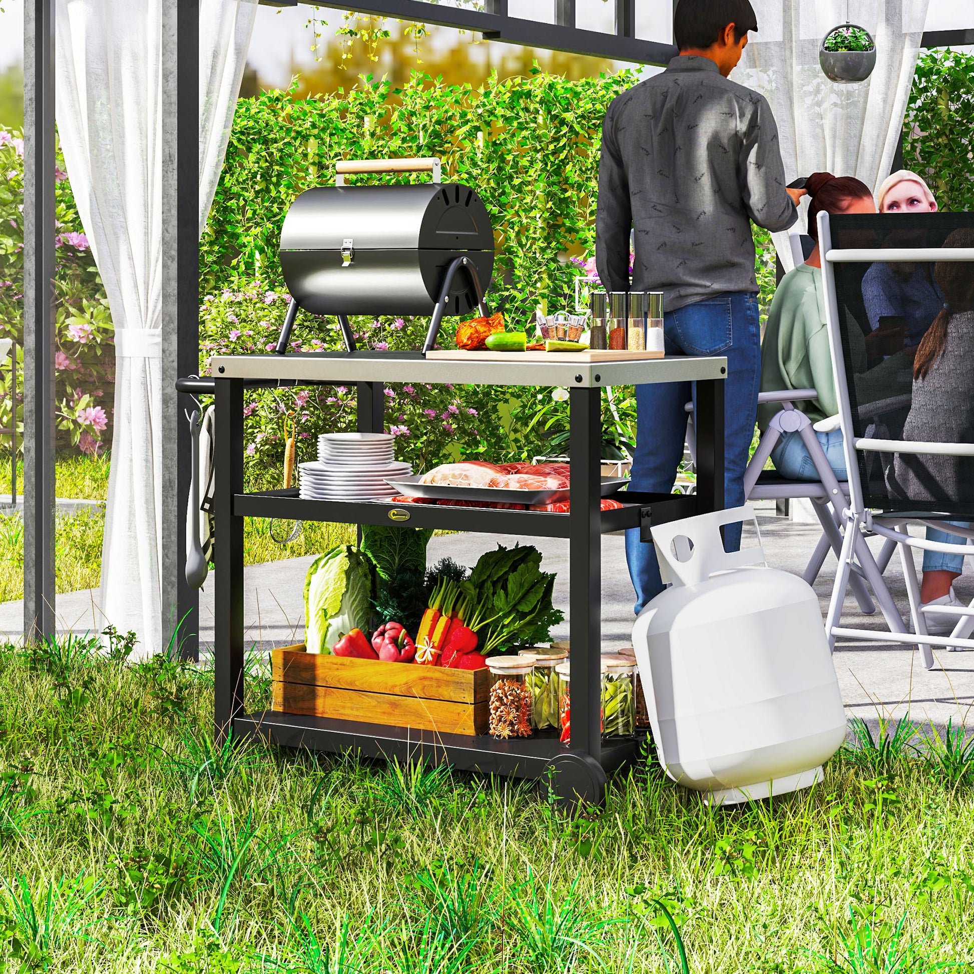 3-Shelf Outdoor Grill Dining Cart Pizza Oven Stand with Stainless Steel Top, Movable BBQ Food Prep Table Outdoor Kitchen