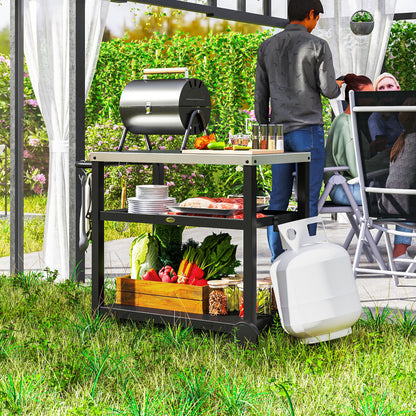 3-Shelf Outdoor Grill Dining Cart Pizza Oven Stand with Stainless Steel Top, Movable BBQ Food Prep Table Outdoor Kitchen