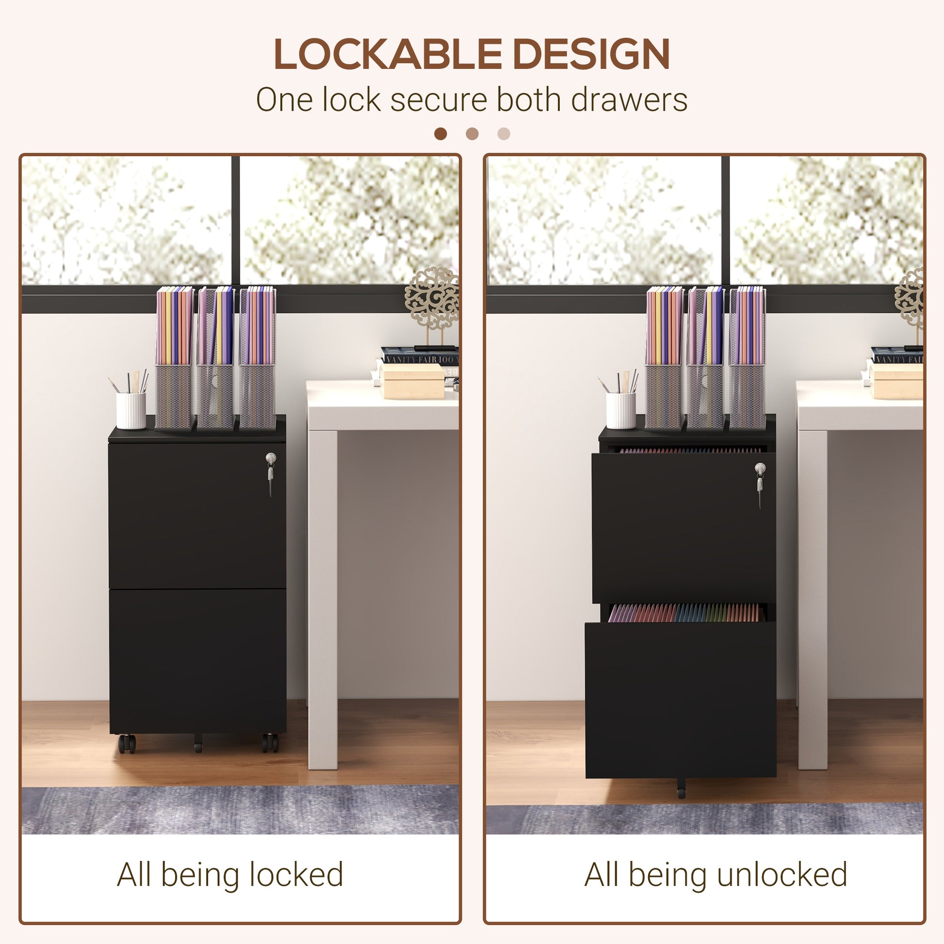 Vertical Steel Filing Cabinet on Wheels, 2-Drawer Lockable File Cabinet with Adjustable Hanging Bar for A4, Legal and Le